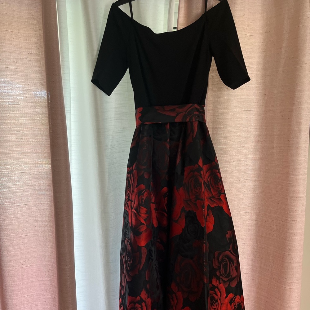 David's Bridal Black and Red Floral Prom Dress